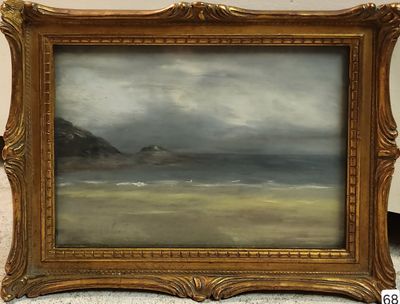 an oil painting of a beach scene with a lighthouse in the distance