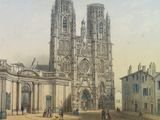 a drawing of a large cathedral with a clock on it