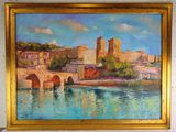 an oil painting of a bridge over a river with a castle in the background