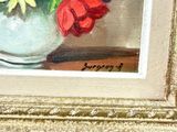 a painting of flowers in a vase on a table