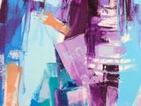 abstract painting of a woman with a purple umbrella in a city