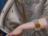 painting of a woman in a white dress and a blue mantler