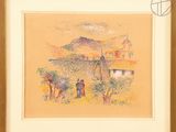 painting of two people standing in front of a house with a mountain in the background