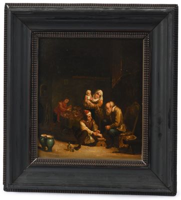 une peinture à l'huile représentant une réunion de famille dans une grange, autour d'un feu