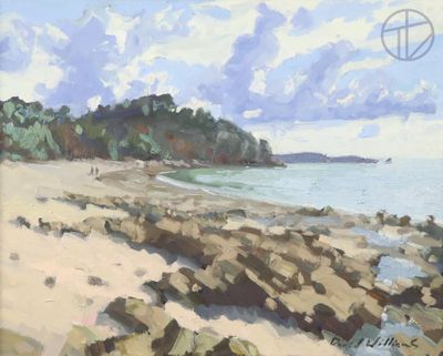 tableau représentant une scène de plage avec des rochers et de l'eau au premier plan