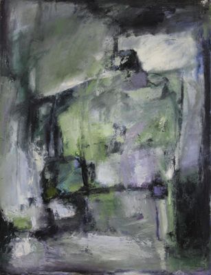 an oil painting of a room with a window and a chair