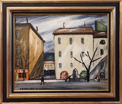 peinture représentant une scène de rue avec des bâtiments et une voiture