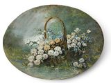 a painting of a basket of flowers on a table