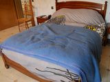 un lit recouvert d'une couverture bleue
