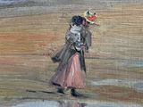 a painting of a woman walking on the beach