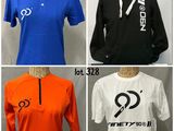 four different colored shirts with logos on them on a mannequin