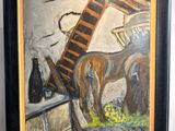 un tableau représentant un cheval debout dans une pièce
