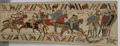une tapisserie représentant un groupe de personnes à cheval