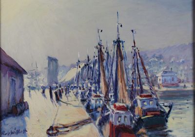 peinture de bateaux amarrés dans un port avec des bâtiments en arrière-plan