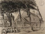 a drawing of a group of sheep in front of a building