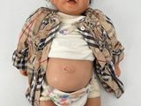 a baby doll that is wearing a plaid shirt and diaper