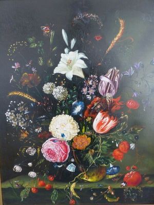 une peinture de fleurs dans un vase sur une table