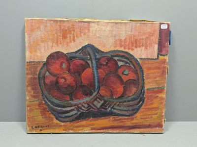 un tableau représentant un bol de pommes posé sur une table