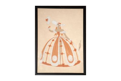 un dessin orange et blanc représentant une femme en robe de bal