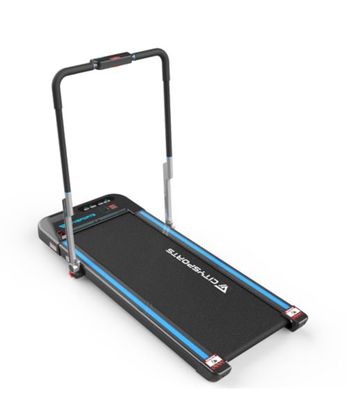 un tapis roulant motorisé noir et bleu sur fond blanc