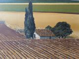 a painting of a farm with a tree in the middle of it
