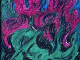 a painting of a pink flower on a green and blue background