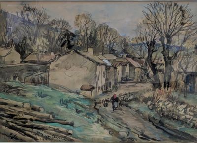 une aquarelle représentant une scène de village avec un cheval et une calèche