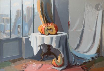 une peinture représentant deux citrouilles posées sur une table devant une fenêtre
