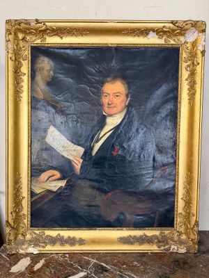 painting of a man in a suit sitting at a desk with a sheet of paper in front of him