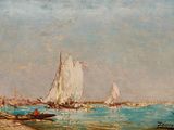 a painting of sailboats on the water near the shore