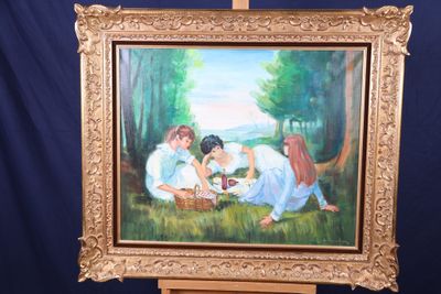 un tableau représentant une femme et deux enfants dans un champ