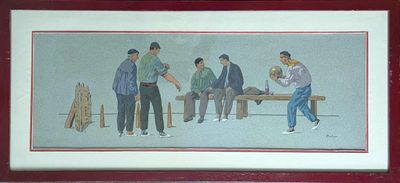 painting of a group of men sitting on a bench in front of a dog