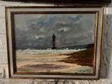 a painting of a lighthouse on the wall by the water