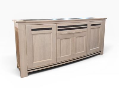 an image of a wooden cabinet with a dog bowl on top