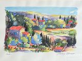 une aquarelle représentant un paysage avec des maisons et des arbres