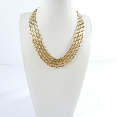 a close up of a mannequin wearing a gold chain necklace