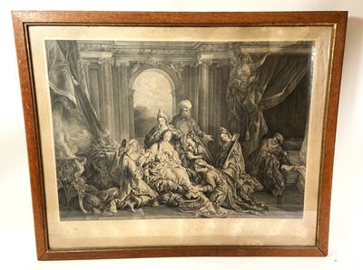a framed picture of a painting of a group of people in a room