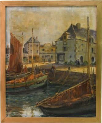 an image of a painting of boats in a harbor with buildings in the background