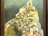 an oil painting of a village on a hill with a mountain in the background