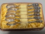 six spoons in a box on a table