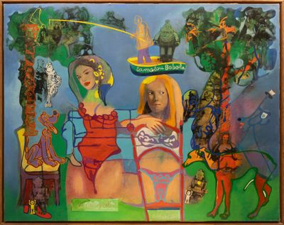 painting of two women sitting on a bench in front of a painting of a man and a woman