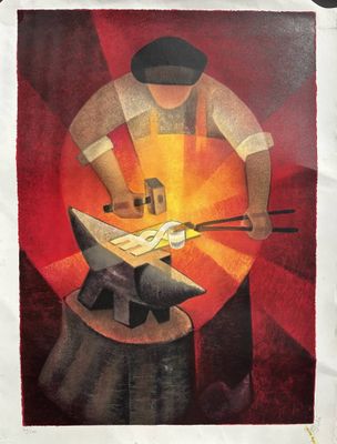an image of a painting of a man with a hammer