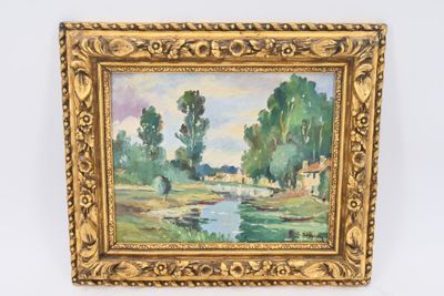 tableau représentant un paysage avec une rivière et des arbres, dans un cadre doré