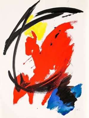 une peinture abstraite composée de rouge, de jaune et de bleu sur fond blanc