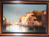 framed oil painting of a canal scene with a boat in the water