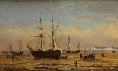 a painting of a ship on the beach with people on the shore