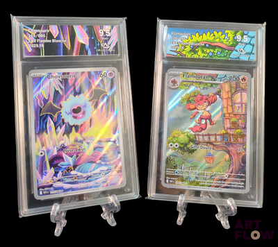 deux cartes Pokémon exposées dans une vitrine transparente