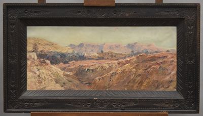an oil painting of a landscape with a mountain in the background