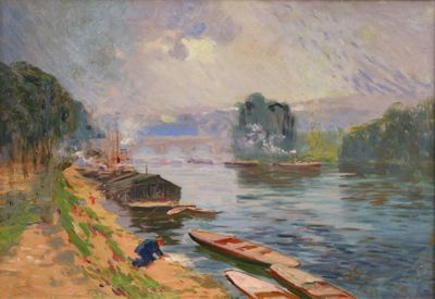 un tableau représentant des bateaux amarrés au bord d'une rivière