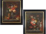 deux tableaux représentant des fleurs dans un vase posé sur une table et un vase rempli de fruits